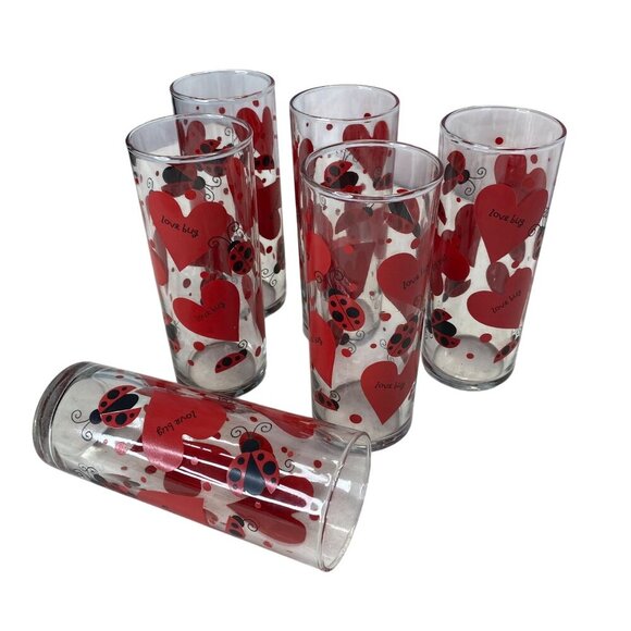 Set of 6 Love Bug Ladybug Valentine Heart Glasses – Retro 1990s Tall Drinking Tu - Picture 4 of 5